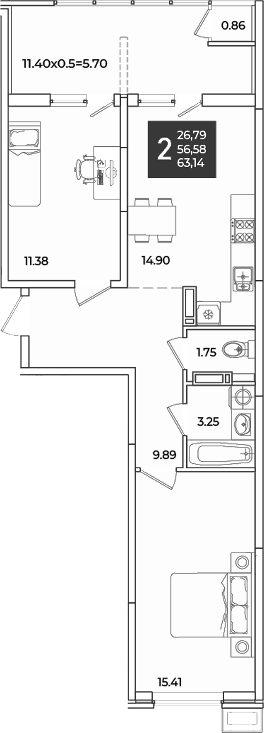 Продается 2-комн. квартира, 56.58 м²
