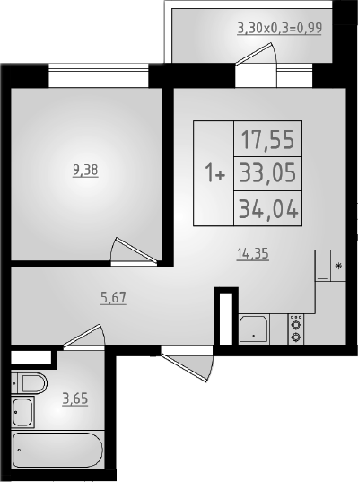 2-комн., 33.05 м², 6/8 этаж, ЖК «Мега 2»