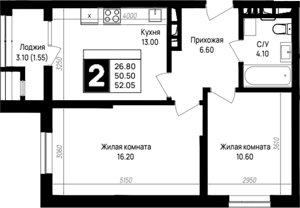 Продается 2-комн. квартира, 50.5 м²