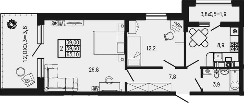2-комн., 59.6 м², 1/4 этаж, ЖК «Экосфера»