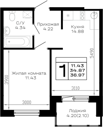 1-комн., 34.87 м², 4/4 этаж, ЖК «Усадьба Гостагаевская»
