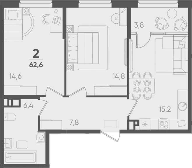 2-комн., 58.8 м², 5/9 этаж, ЖК «Барса»