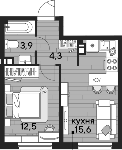 1-комн., 36.3 м², 3/16 этаж, ЖК «DОГМА ПАРК»