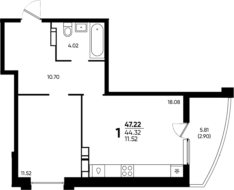 1-комн., 44.32 м², 13/18 этаж, ЖК «Достояние»