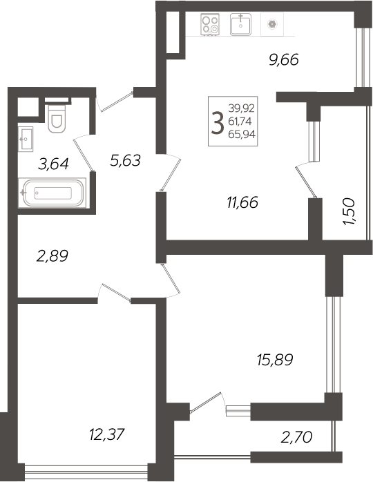 3-комн., 61.74 м², 12/19 этаж, ЖК «Кислород»