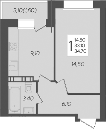 Продается 1-комн. квартира, 33.1 м²