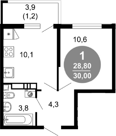 1-комн., 28.8 м², 6/17 этаж, ЖК «Лестория»