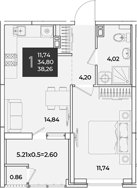 1-комн., 35.66 м², 3/18 этаж, ЖК «Образцово»