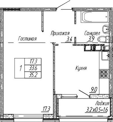 1-комн., 33.6 м², 6/9 этаж, ЖК «Архитектор. ГК ЮгСтройИнвест»