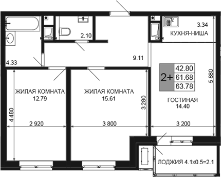 3-комн., 61.68 м², 13/16 этаж, ЖК «Сегодня»
