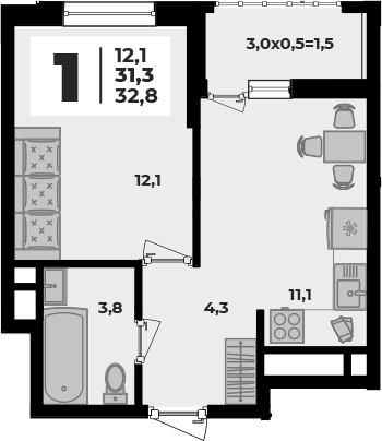 1-комн., 31.3 м², 1/8 этаж, ЖК «Родной дом 5»