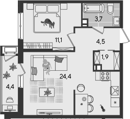 2-комн., 45.6 м², 8/24 этаж, ЖК «Рекорд»