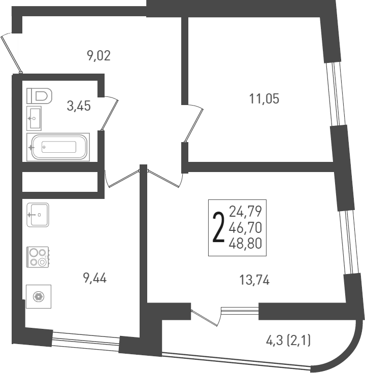 2-комн., 48.2 м², 15/24 этаж, ЖК «ЖК «Кубанская Крепость»»