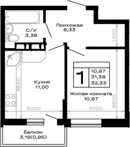 1-комн., 31.38 м², 16/16 этаж, ЖК «Горные высоты»