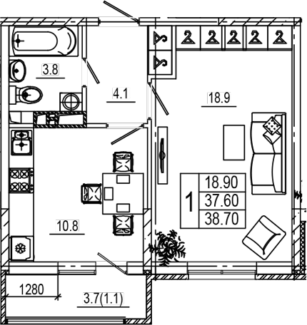 1-комн., 37.7 м², 4/9 этаж, ЖК «Лето»