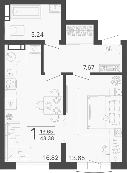 1-комн., 43.38 м², 3/13 этаж, ЖК «Светский лес»