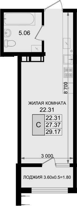 Студия, 27.37 м², 7/8 этаж, ЖК «Резиденция морей»