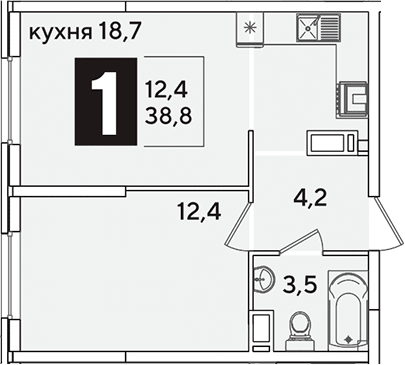 2-комн., 38.8 м², 11/16 этаж, ЖК «Самолет»