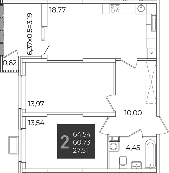 2-комн., 60.73 м², 14/21 этаж, ЖК «Образцово»