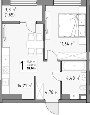1-комн., 35.09 м², 11/15 этаж, ЖК «Коллекция»