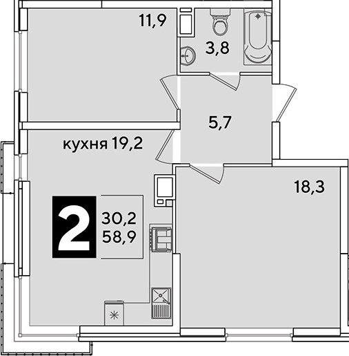 3-комн., 58.9 м², 11/16 этаж, ЖК «Самолет»