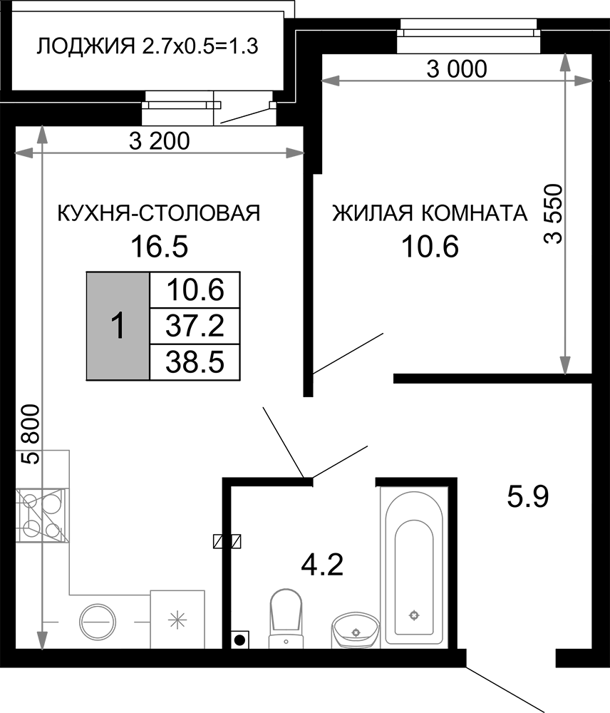1-комн., 37.2 м², 2/16 этаж, ЖК «Дыхание»
