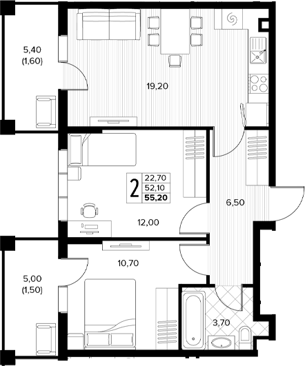 2-комн., 52.1 м², 1/6 этаж, ЖК «Кипарис»