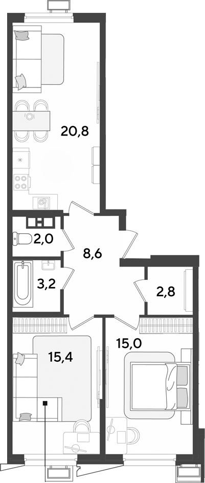 3-комн., 67.8 м², 7/18 этаж, ЖК «Парк Победы»