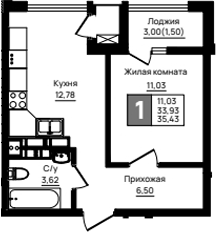 1-комн., 33.93 м², 10/18 этаж, ЖК «Резиденция морей»