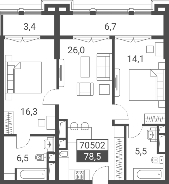 3-комн., 68.4 м², 2/7 этаж, ЖК «Красная поляна 540»