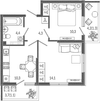 2-комн., 43.4 м², 2/12 этаж, ЖК «Флора»