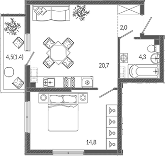 2-комн., 41.8 м², 2/12 этаж, ЖК «Флора»