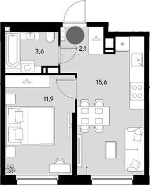 2-комн., 33.2 м², 13/16 этаж, ЖК «Грейд»