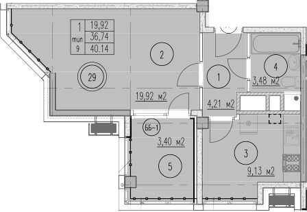 1-комн., 36.74 м², 5/9 этаж, ЖК «Agoy Park Residence by Lavicon»