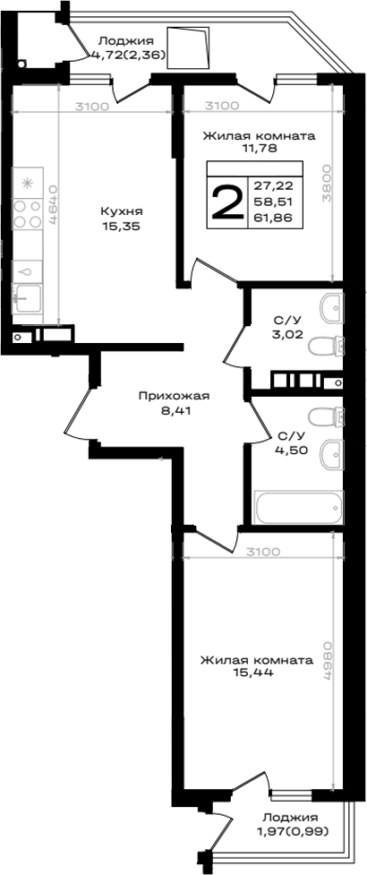 2-комн., 58.51 м², 8/9 этаж, ЖК «ЮЖНО»