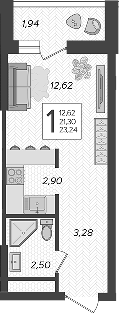 Студия, 21.3 м², 2/19 этаж, ЖК «Кислород»
