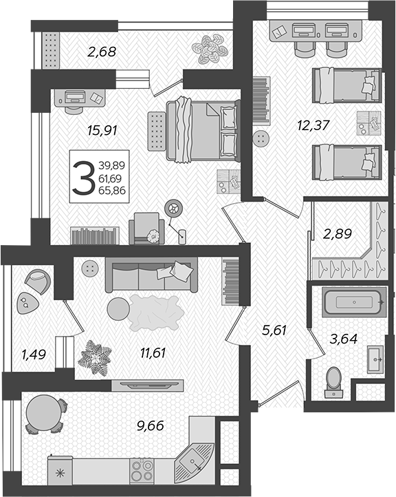 3-комн., 61.69 м², 10/19 этаж, ЖК «Кислород»