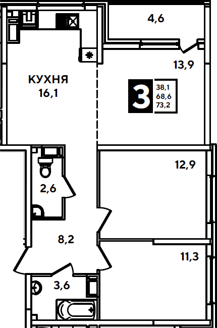 3-комн., 68.6 м², 14/16 этаж, ЖК «Самолет»