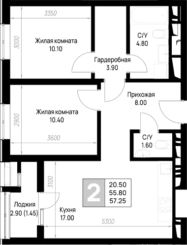 2-комн., 55.8 м², 8/9 этаж, ЖК «На высоком берегу»