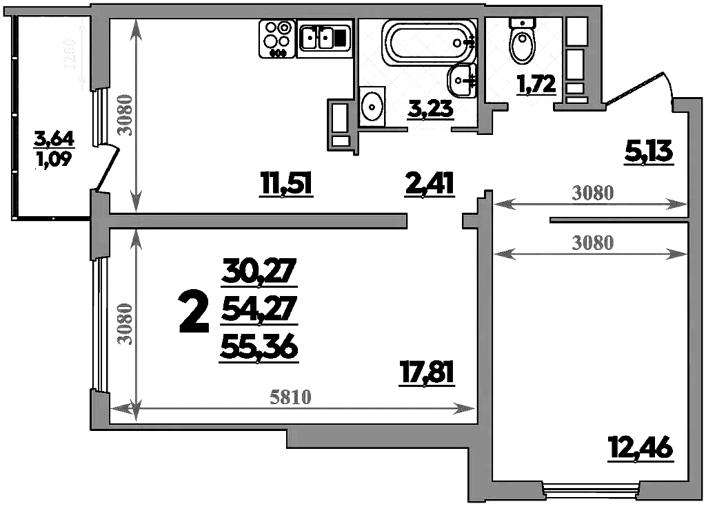 2-комн., 54.27 м², 1/9 этаж, ЖК «Романовский»