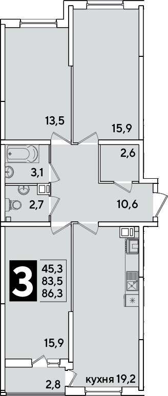 4+ комнаты, 83.5 м², 2/16 этаж, ЖК «Самолет»