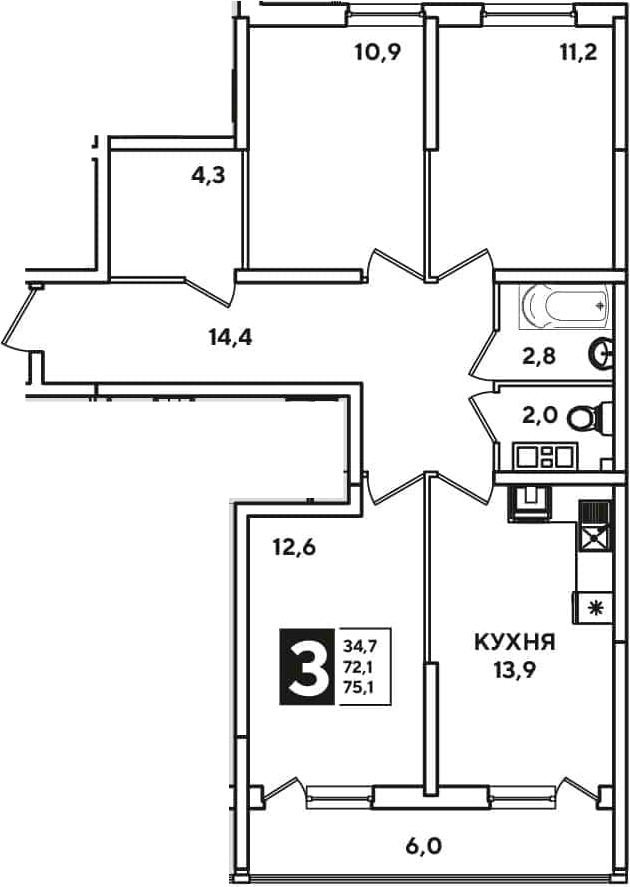 3-комн., 73.3 м², 3/16 этаж, ЖК «Самолет»
