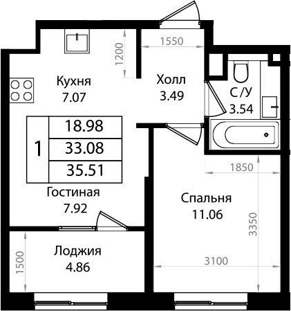 2-комн., 33.08 м², 5/9 этаж, ЖК «Патрики»