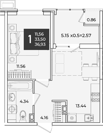 1-комн., 33.5 м², 7/18 этаж, ЖК «Образцово»