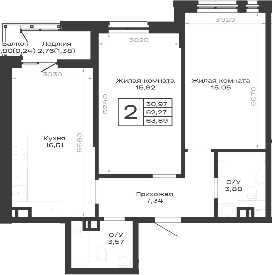 Продается 2-комн. квартира, 62.27 м²