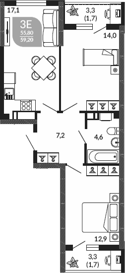 3-комн., 55.8 м², 23/23 этаж, ЖК «Облака»