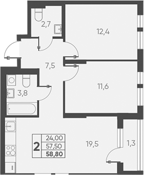 2-комн., 57.5 м², 10/15 этаж, ЖК «Барса»