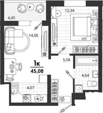 1-комн., 40.63 м², 14/18 этаж, ЖК «Родные Просторы»