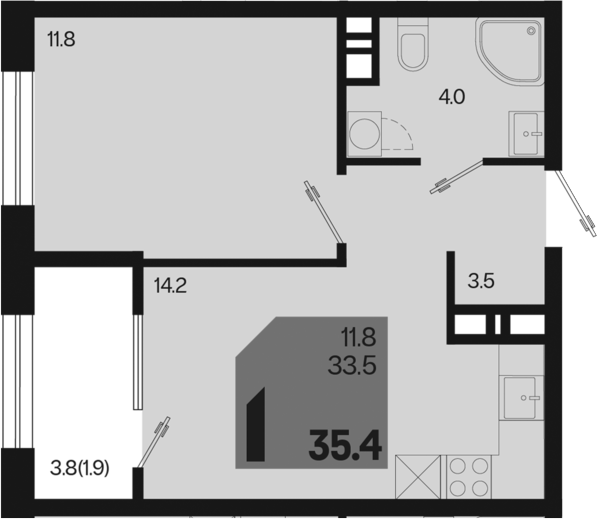1-комн., 33.5 м², 7/9 этаж, ЖК «Первое место»
