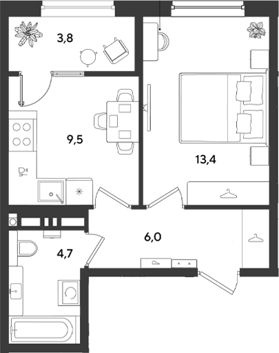 1-комн., 33.6 м², 6/9 этаж, ЖК «Ридз»